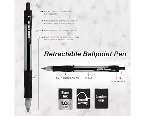  Ballpoint Pen Spencer Black Retractable Pen Soft Barrel Grip Pens, 1.0 mm Bold Point Smooth Writing