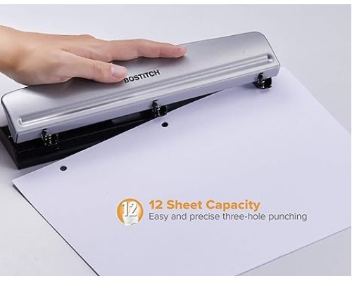 Bostitch Office Premium 3 Hole Punch, 12 Sheet Capacity, Metal, Rubber Base, Easy-Clean Tray, Silver
