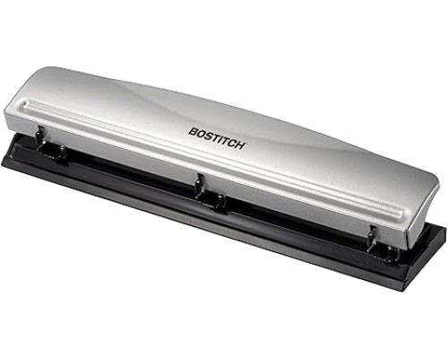 Bostitch Office Premium 3 Hole Punch, 12 Sheet Capacity, Metal, Rubber Base, Easy-Clean Tray, Silver