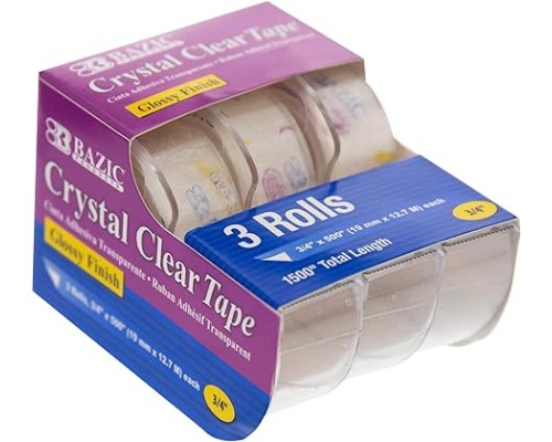 BAZIC Crystal Clear Tape w/Dispenser 3/4" X 500", Transparent Stationery Tapes Glossy Finish Refills Rolls, Arts Craft Gift Wrapping (3/Pack), 1-Pack BAZIC Crystal Clear Tape w/Dispenser 3/4" X 500", Transparent Stationery Tapes Glossy Finish Refills Rolls, Arts Craft Gift Wrapping (3/Pack), 1-Pack
