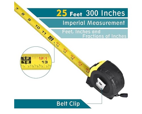 Tape Measure 25 Ft - Metal Retractable Tape Measure with Fractions, Easy Read Steel Tape Measure, 1-inch Wide X 25 Foot Tape Measure 25 Ft - Metal Retractable Tape Measure with Fractions, Easy Read Steel Tape Measure, 1-inch Wide X 25 Foot