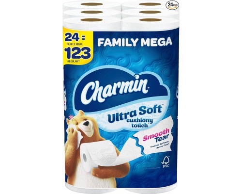 Charmin Ultra Soft Cushiony Touch Toilet Paper, 24 Family Mega Rolls = 123 Regular Rolls