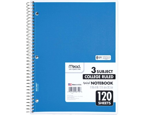 Spiral Notebook,College Ruled Paper, 8" x 11", 120 Sheets per Notebook,(Colors may vary)