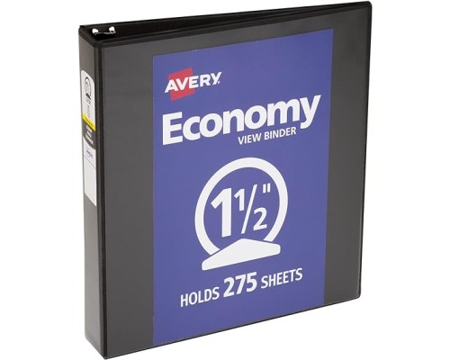 3 Ring Binder 1.5" Economy View Binders Organizer - Black, Round Ring, Hold 250 Sheets Paper, for School Office Home, 1-Count
