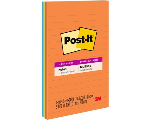 Post-it Super Sticky Lined Notes, 4 Sticky Note Pads, 5 x 8 in.