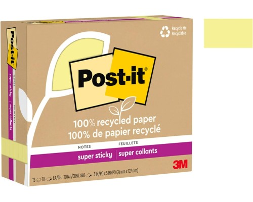 Post-it 100%  Paper Super Sticky Notes, 2X The Sticking Power, 3x5 in, 4 Pads/Pack, 70 Sheets/Pad, Canary