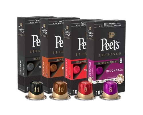 Peet's Coffee Gifts, Espresso Coffee Pods Variety Pack, Dark & Medium Roasts, Intensity 8-11, 40 Count (4 Boxes of 10 Espresso Capsules)