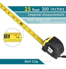 Tape Measure 25 Ft - Metal Retractable Tape Measure with Fractions, Easy Read Steel Tape Measure, 1-inch Wide X 25 Foot